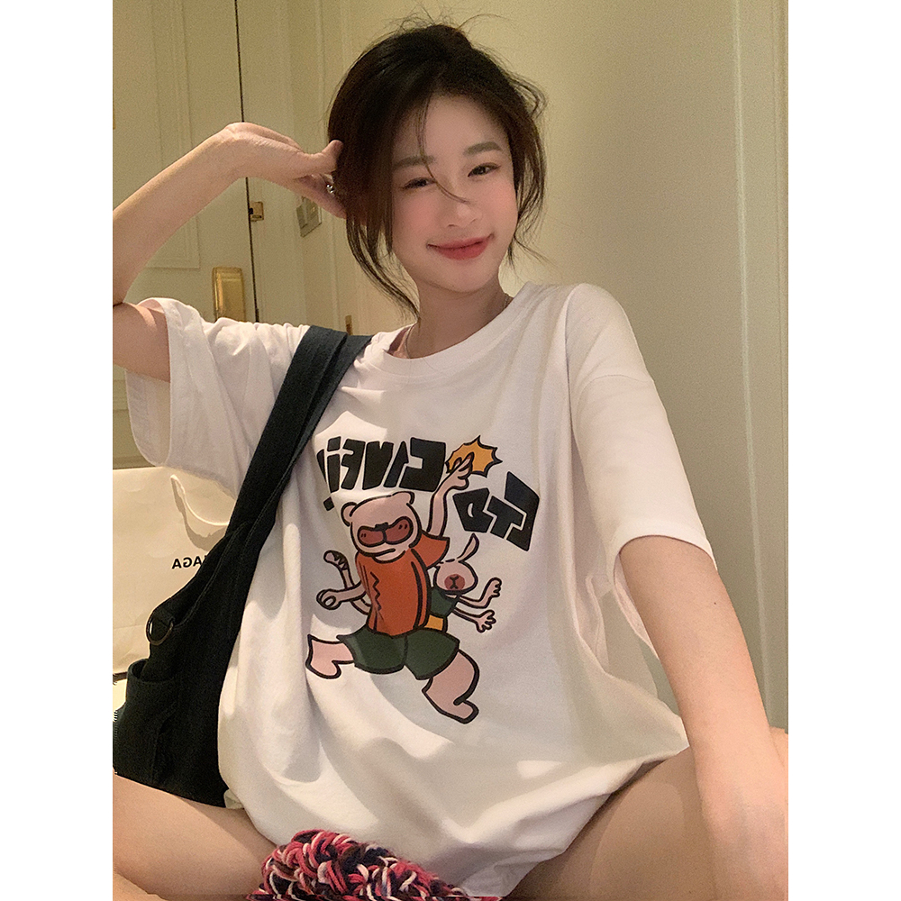 Áo Thun Nữ Tay Ngắn Dáng Rộng Có In Hình Hoạt Hình Phong Cách Hàn Quốc