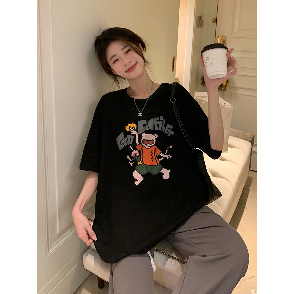 Áo Thun Nữ Tay Ngắn Dáng Rộng Có In Hình Hoạt Hình Phong Cách Hàn Quốc