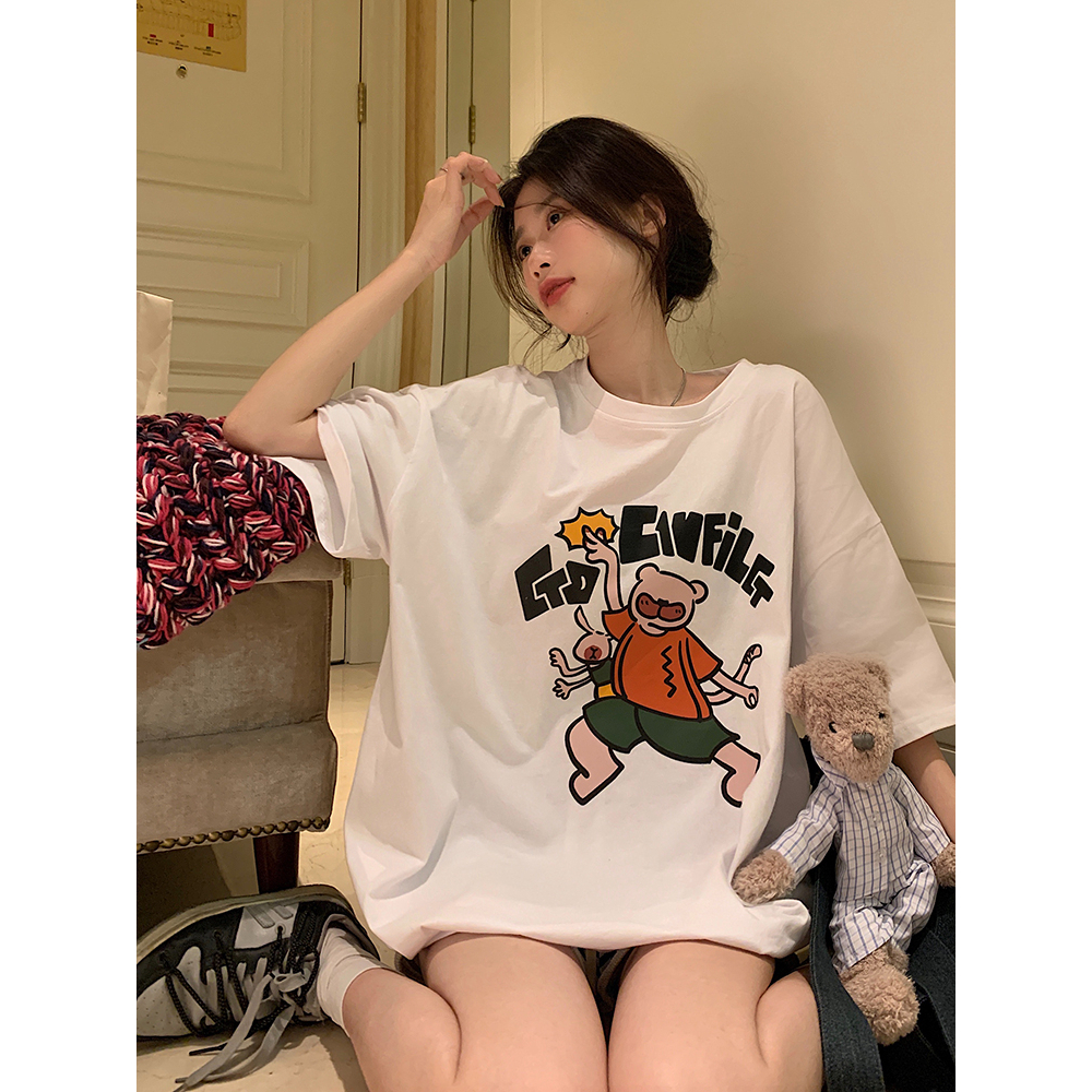 Áo Thun Nữ Tay Ngắn Dáng Rộng Có In Hình Hoạt Hình Phong Cách Hàn Quốc