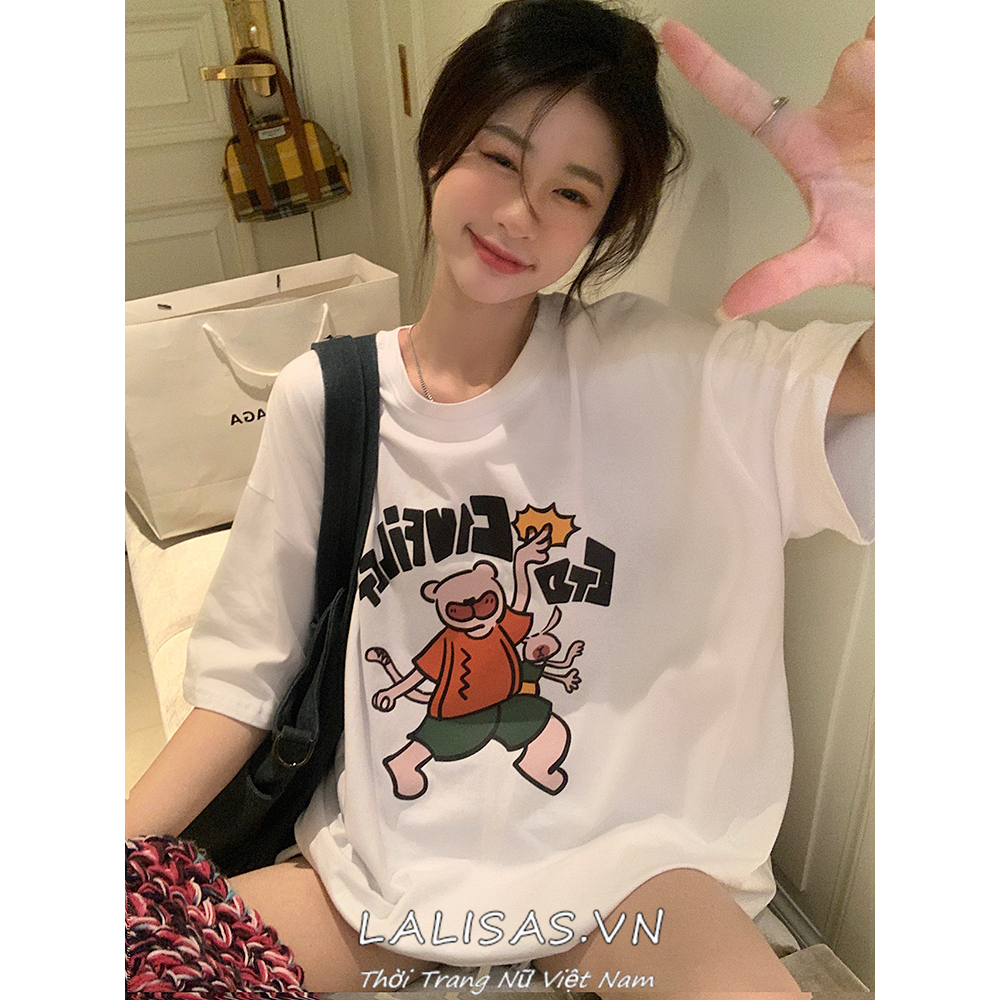 Áo Thun Nữ Tay Ngắn Dáng Rộng Có In Hình Hoạt Hình Phong Cách Hàn Quốc