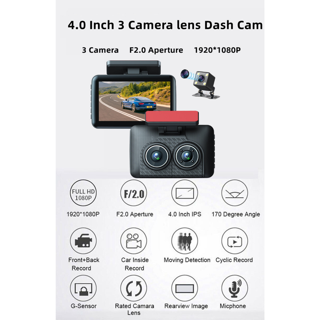 Camera Hành Trình DVR 4.0 Inch 3 Lens HD 1080P Góc Rộng 360 Độ Cho Xe Hơi