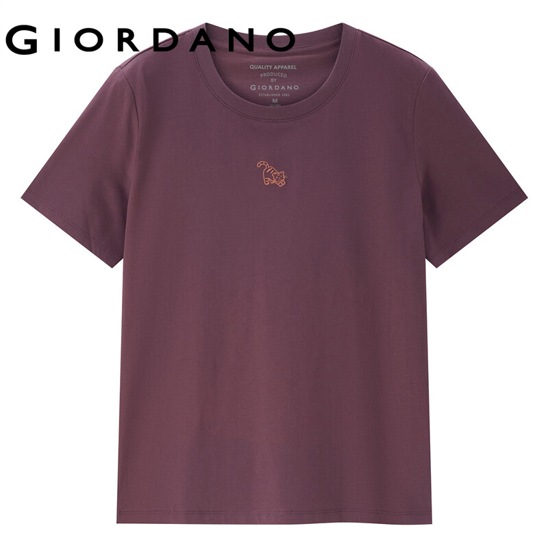 Áo thun GIORDANO 05323394 100% cotton dệt kim tay ngắn cổ tròn thêu họa tiết chú mèo dành cho nữ