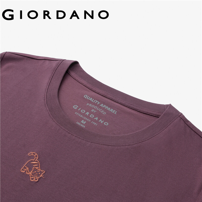 Áo thun GIORDANO 05323394 100% cotton dệt kim tay ngắn cổ tròn thêu họa tiết chú mèo dành cho nữ