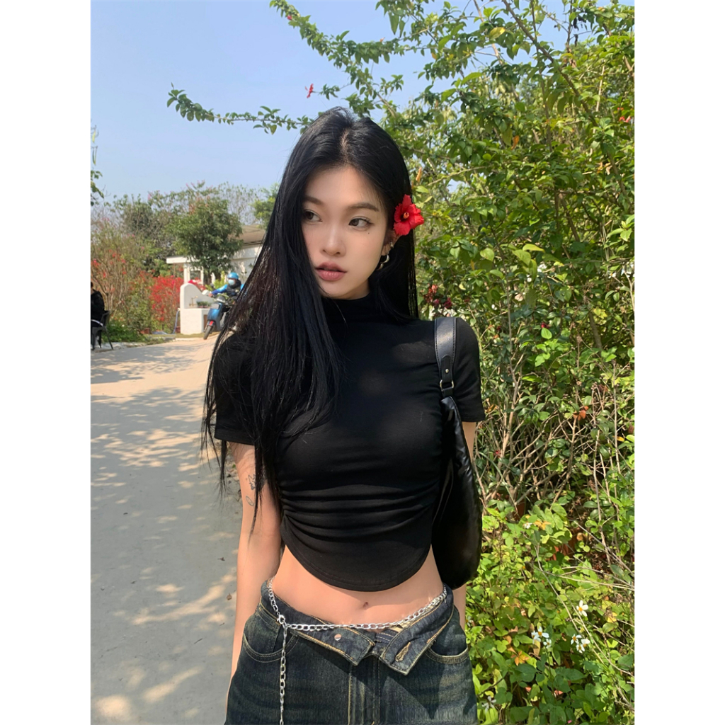 Áo Thun Tay Ngắn Cổ Cao Dáng Ôm Thời Trang Mùa Hè Quyến Rũ Cho Nữ