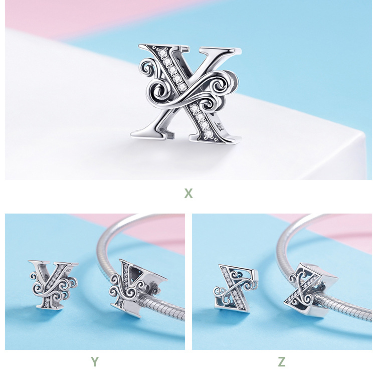 Hạt Charm Mạ Bạc 925 Hình 26 Chữ Cái Đính Hoa Pandora 925