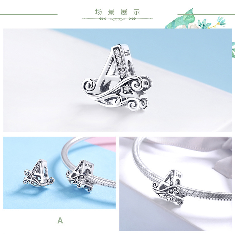 Hạt Charm Mạ Bạc 925 Hình 26 Chữ Cái Đính Hoa Pandora 925