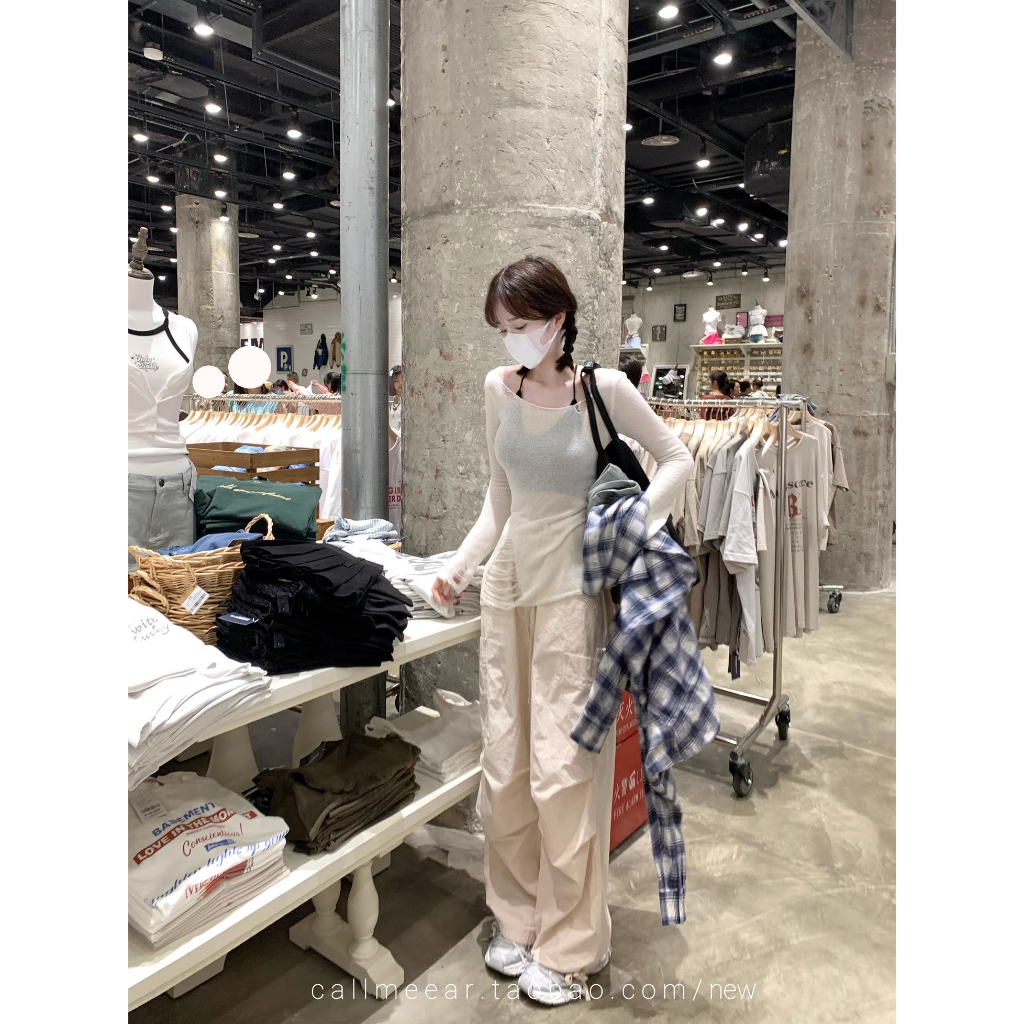 Set Áo Thun Tay Dài Và Áo hai dây Màu Trơn Thời Trang Hàn Quốc Cho Nữ