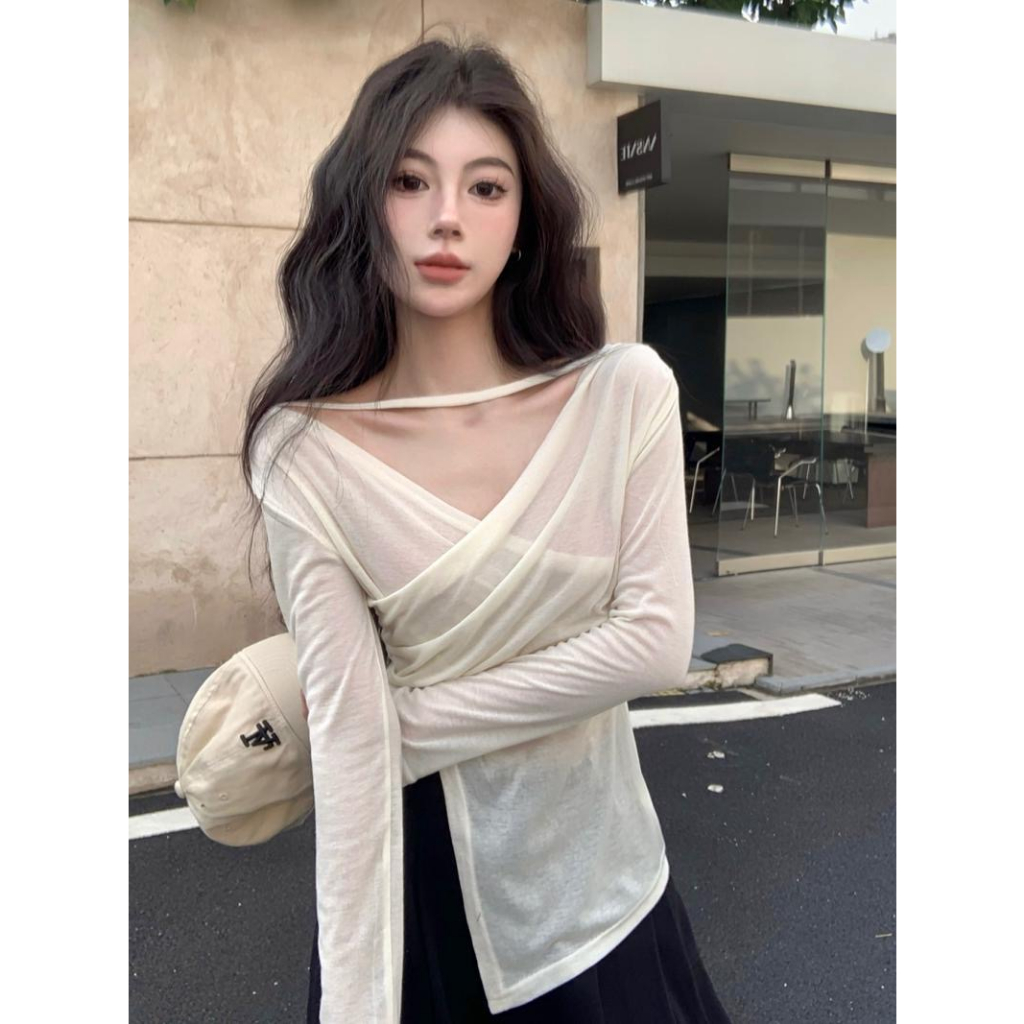 Áo Thun Tay Dài Cổ Chữ V Thiết Kế Không Đồng Đều Không Đều Quyến Rũ Phong Cách Hàn Quốc Dành Cho Nữ