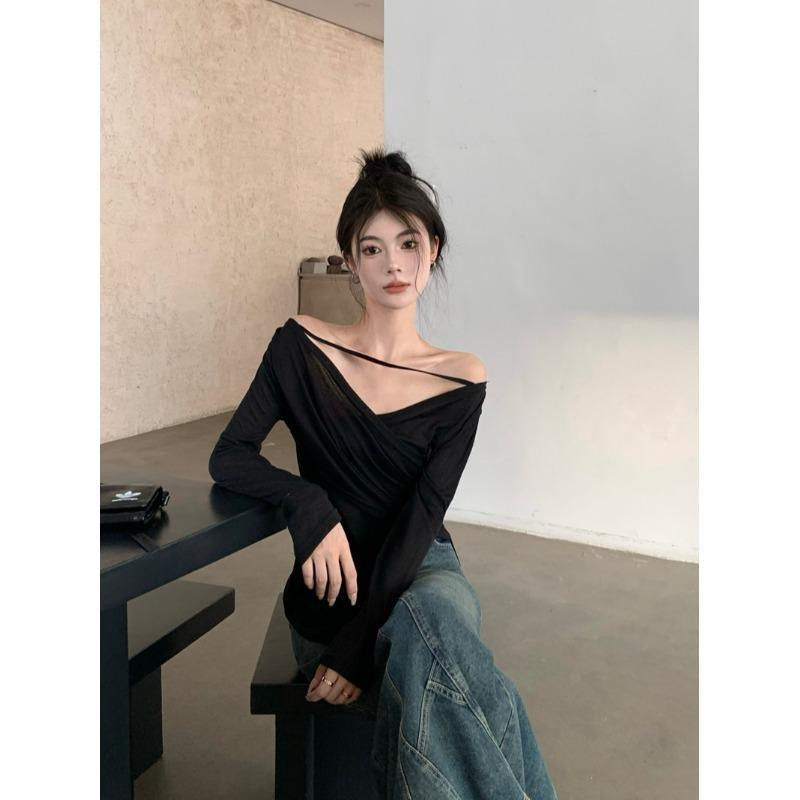 Áo Thun Tay Dài Cổ Chữ V Thiết Kế Không Đồng Đều Không Đều Quyến Rũ Phong Cách Hàn Quốc Dành Cho Nữ