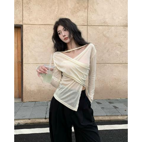 Áo Thun Tay Dài Cổ Chữ V Thiết Kế Không Đồng Đều Không Đều Quyến Rũ Phong Cách Hàn Quốc Dành Cho Nữ