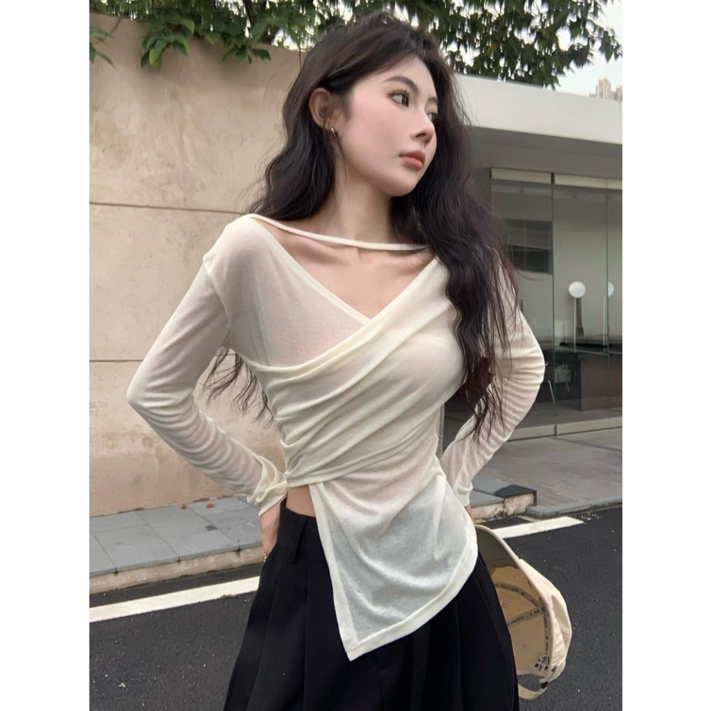 Áo Thun Tay Dài Cổ Chữ V Thiết Kế Không Đồng Đều Không Đều Quyến Rũ Phong Cách Hàn Quốc Dành Cho Nữ