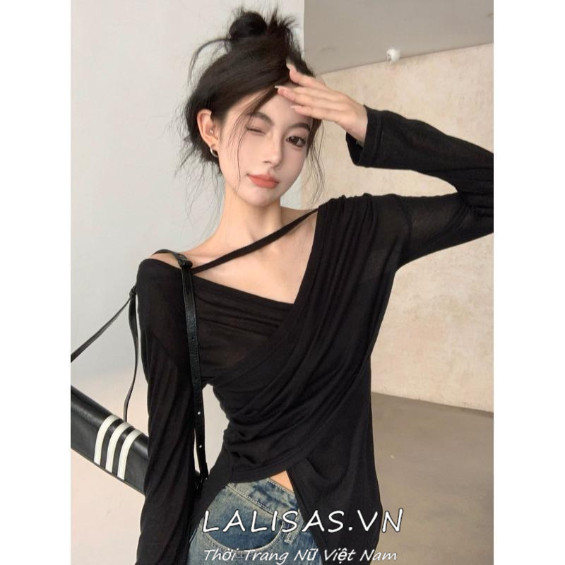 Áo Thun Tay Dài Cổ Chữ V Thiết Kế Không Đồng Đều Không Đều Quyến Rũ Phong Cách Hàn Quốc Dành Cho Nữ