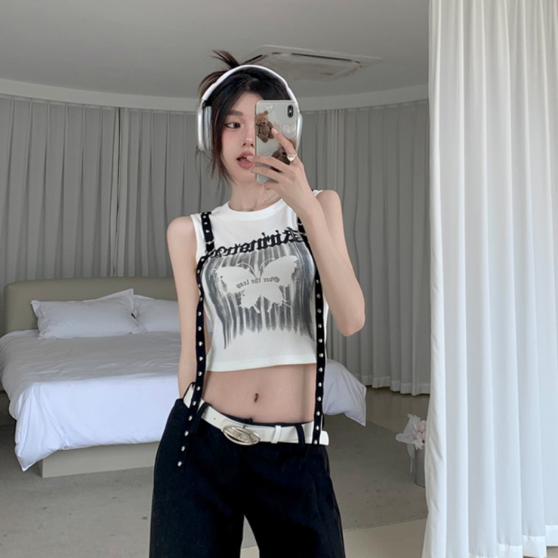 Áo Croptop Hai Dây Dáng Ôm In Chữ y2k Và Bướm Phong Cách retro Mỹ Ngọt Ngào Cá Tính Dành Cho Bạn Nữ