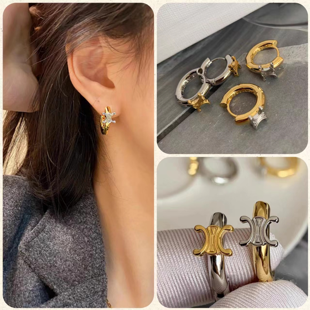 'Boutique Spot'CE Khải Hoàn Môn Ring Earrings Kim Loại Vàng Hoàn Thành Brass Mạ Vàng Với Thép In Chất Lượng Cao Hàn Quốc 2022 Mới Tái Tạo Thanh Lịch Vintage Thời Trang Không Mất Màu 925 Bạc Pin Bông Tai Stud Cho Phụ Nữ