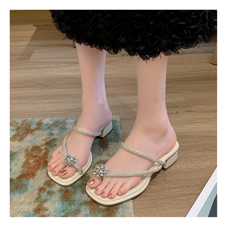 Giày Cao Gót Mũi Vuông Đính Đá Thời Trang 1.97 Inches