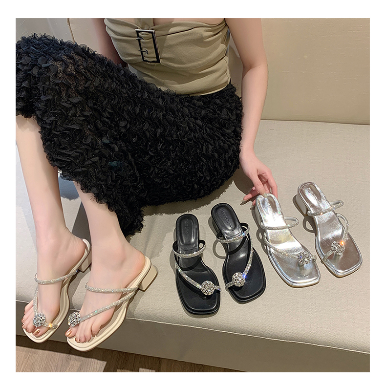 Giày Cao Gót Mũi Vuông Đính Đá Thời Trang 1.97 Inches