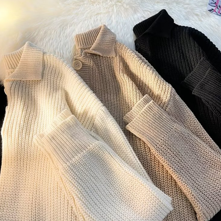 Áo Sweater Dệt Kim Tay Dài Cổ Polo Dáng Rộng Màu Sắc Đơn Giản Phong Cách Hàn Quốc Thời Trang Thu Đông Cho Nam