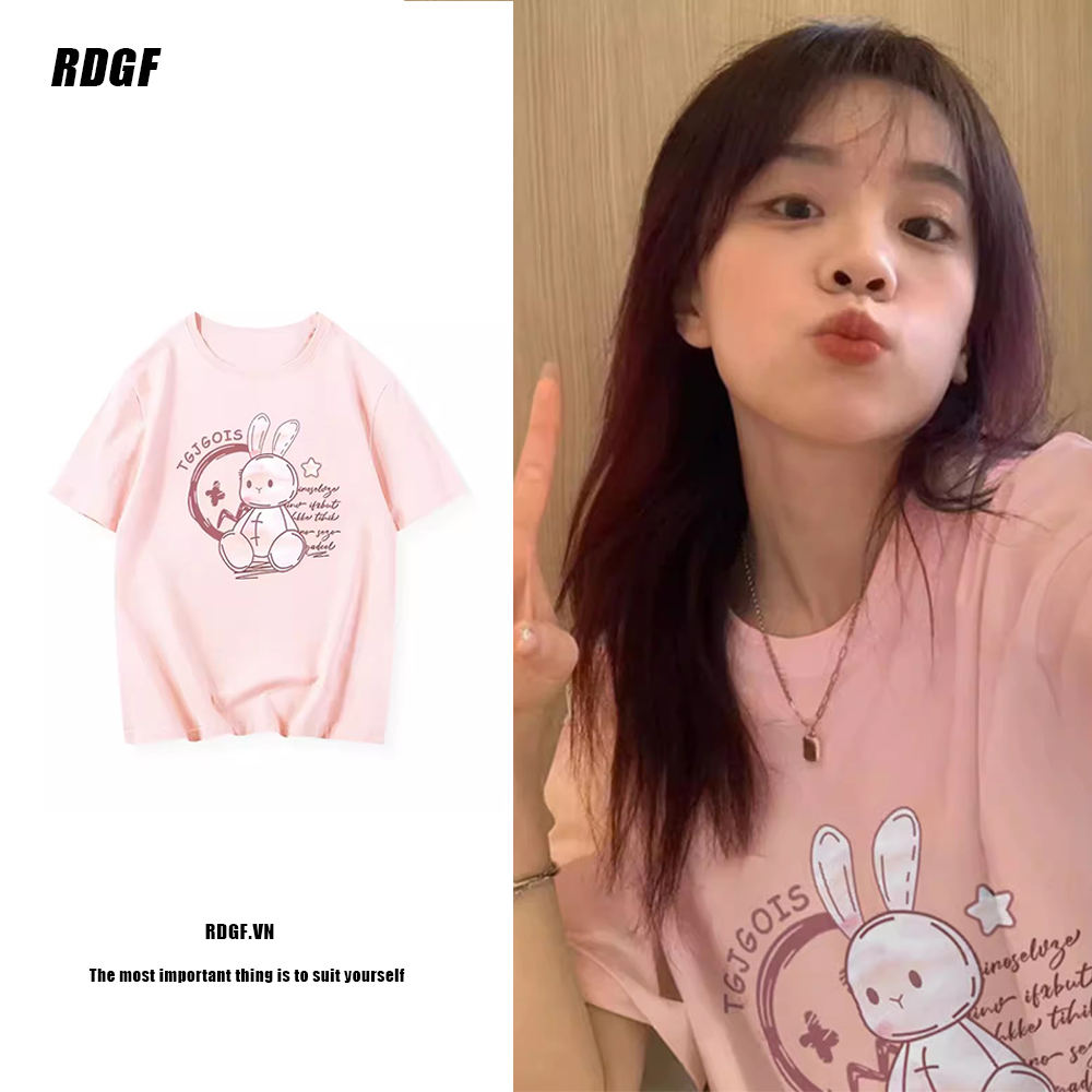 Áo Thun Cotton Cổ Tròn Tay Ngắn In Hình Thỏ Thời Trang Dành Cho Nữ