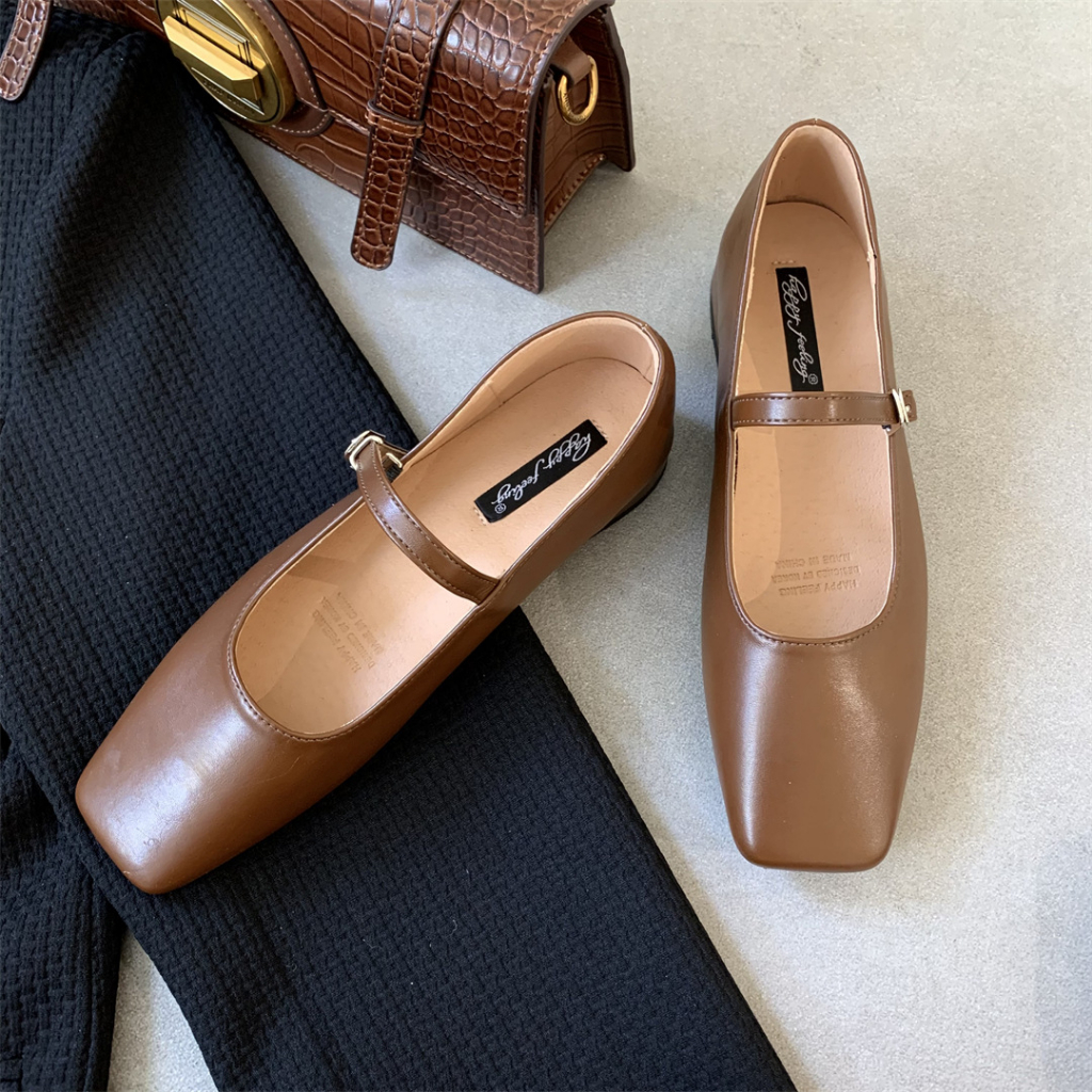 Giày Búp Bê Da Mềm Mũi Vuông Màu Bạc Phong Cách Mary Jane Cho Nữ