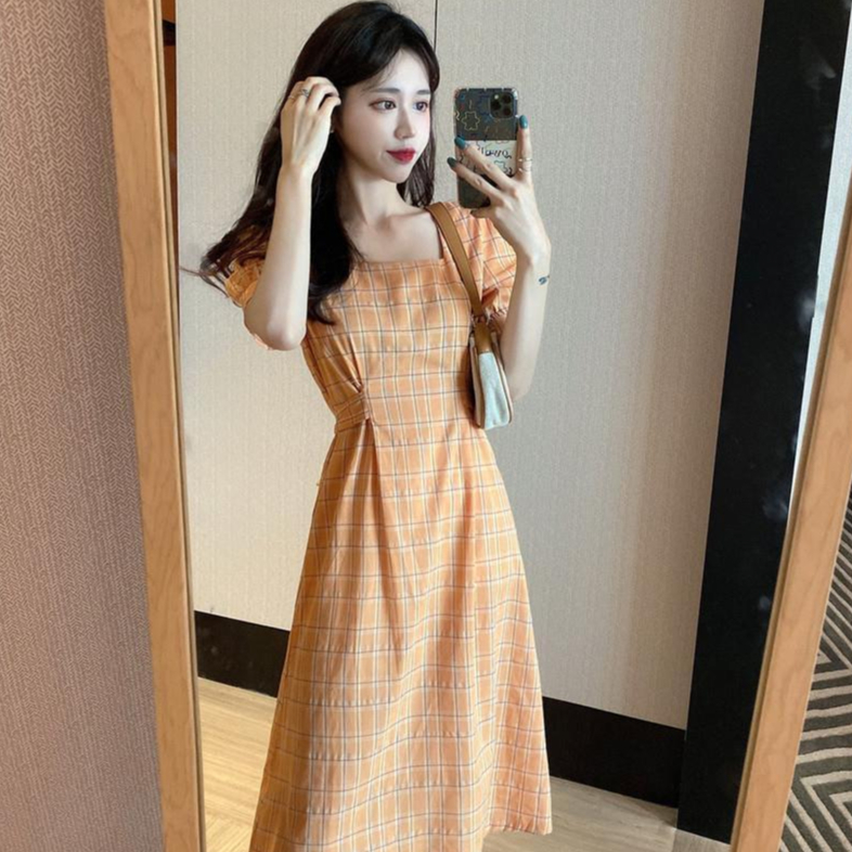 Đầm Midi Ngắn Tay Cổ Vuông Dáng Dài Họa Tiết Sọc Caro Phong Cách Pháp Cổ Điển Thời Trang Mùa Hè 2022 Mới