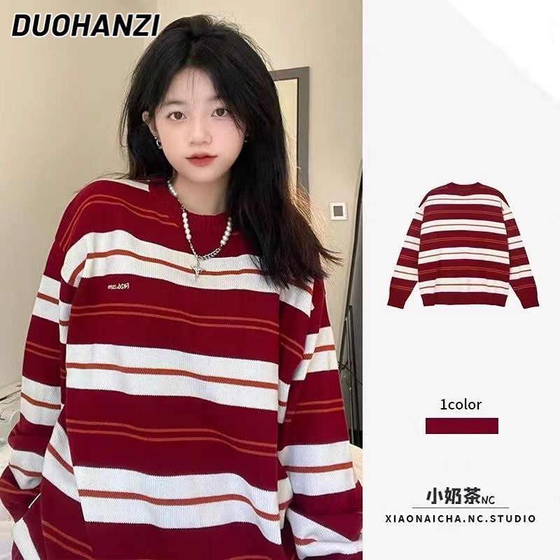 DUOHANZI  Áo Sweater Chui Đầu Kẻ Sọc Màu Tương Phản Phong Cách Hip Hop Mỹ Thời Trang Cho Nữ