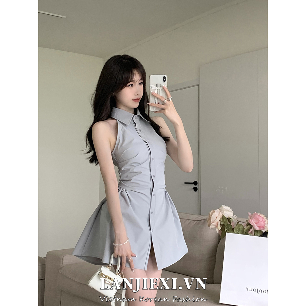 LANJIEXI Đầm Sơ Mi Ngắn Cổ Bẻ Trễ Vai Ôm Eo Thời Trang Mùa Hè Cho Nữ