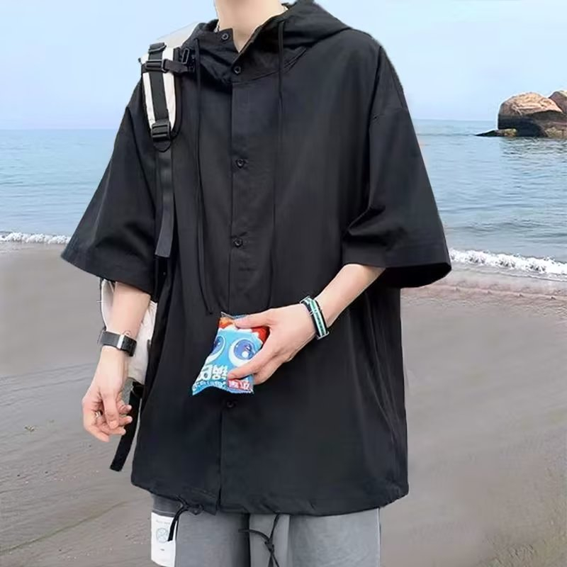Áo Sơ Mi Tay Ngắn Có Mũ Trùm Dáng Rộng Màu Trơn Đơn Giản Phong Cách Hàn Quốc Thời Trang Cho hoodie bigsize unisex