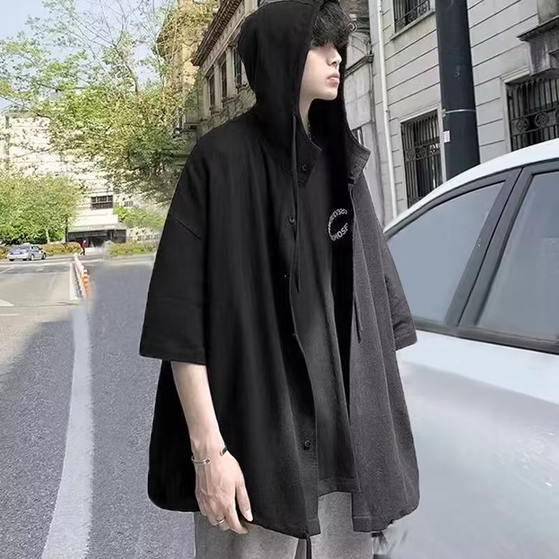 Áo Sơ Mi Tay Ngắn Có Mũ Trùm Dáng Rộng Màu Trơn Đơn Giản Phong Cách Hàn Quốc Thời Trang Cho hoodie bigsize unisex
