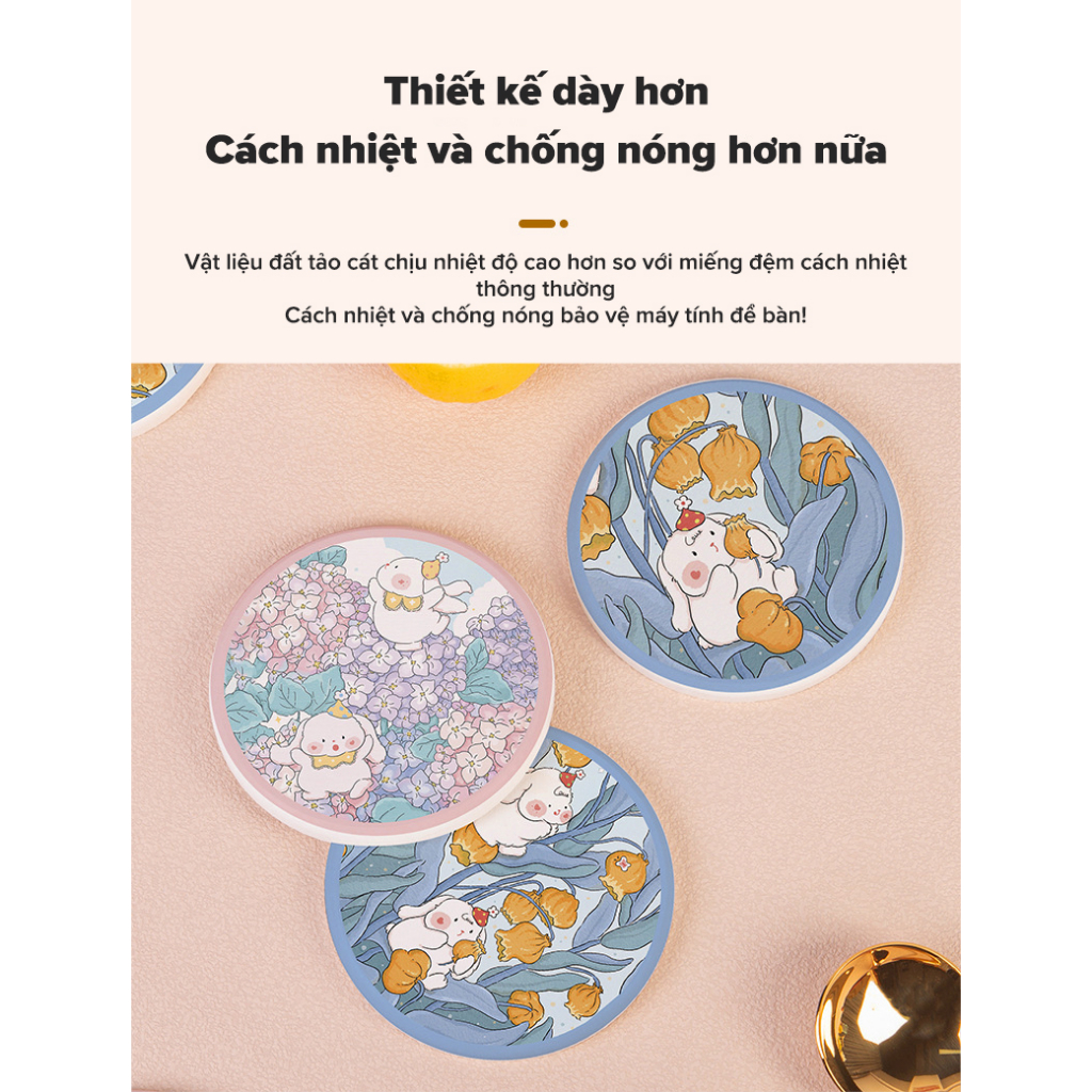 Đế Lót Ly Cứng Thấm Hút Tốt Chống Trượt Họa Tiết Hoạt Hình Dễ Thương