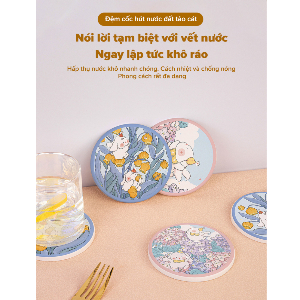 Đế Lót Ly Cứng Thấm Hút Tốt Chống Trượt Họa Tiết Hoạt Hình Dễ Thương