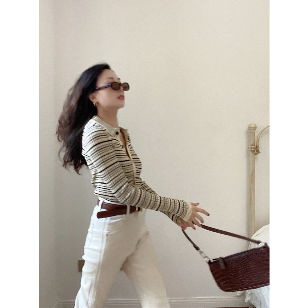 NUZIRO Áo cardigan Dệt Kim Mỏng Tay Dài Cổ polo Họa Tiết Kẻ Sọc Thời Trang Cho Nữ