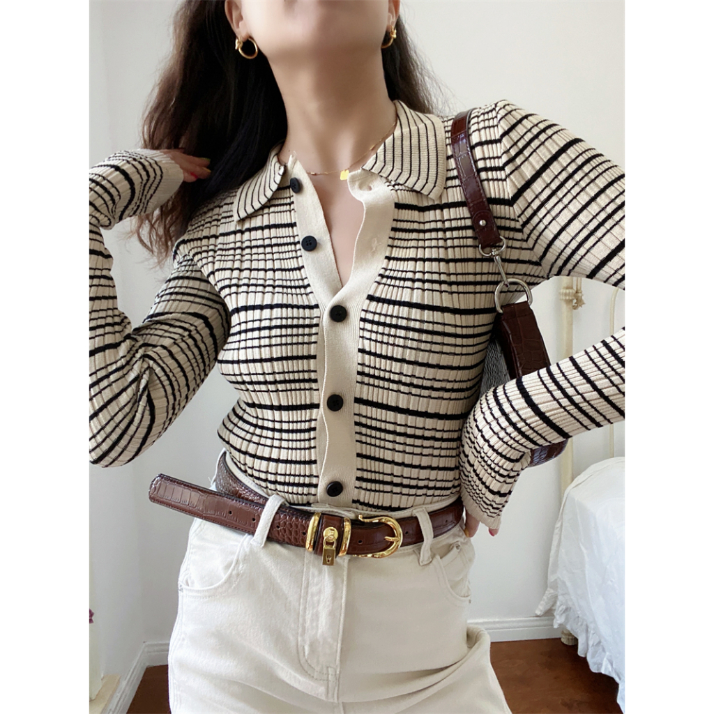 NUZIRO Áo cardigan Dệt Kim Mỏng Tay Dài Cổ polo Họa Tiết Kẻ Sọc Thời Trang Cho Nữ