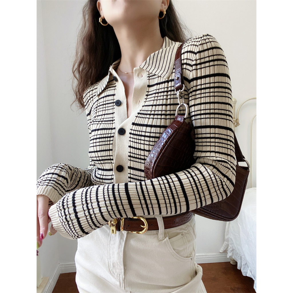 NUZIRO Áo cardigan Dệt Kim Mỏng Tay Dài Cổ polo Họa Tiết Kẻ Sọc Thời Trang Cho Nữ