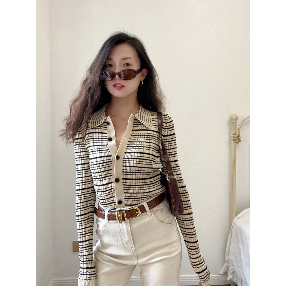 NUZIRO Áo cardigan Dệt Kim Mỏng Tay Dài Cổ polo Họa Tiết Kẻ Sọc Thời Trang Cho Nữ