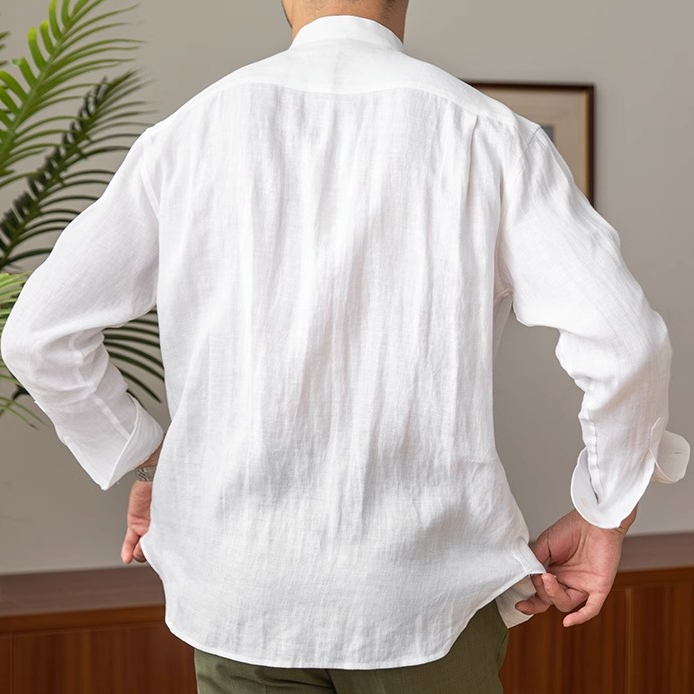 Áo sơ mi dài tay có cổ bằng vải lanh thoáng khí mùa hè, Áo sơ mi nhẹ đơn giản thông thường dành cho nam