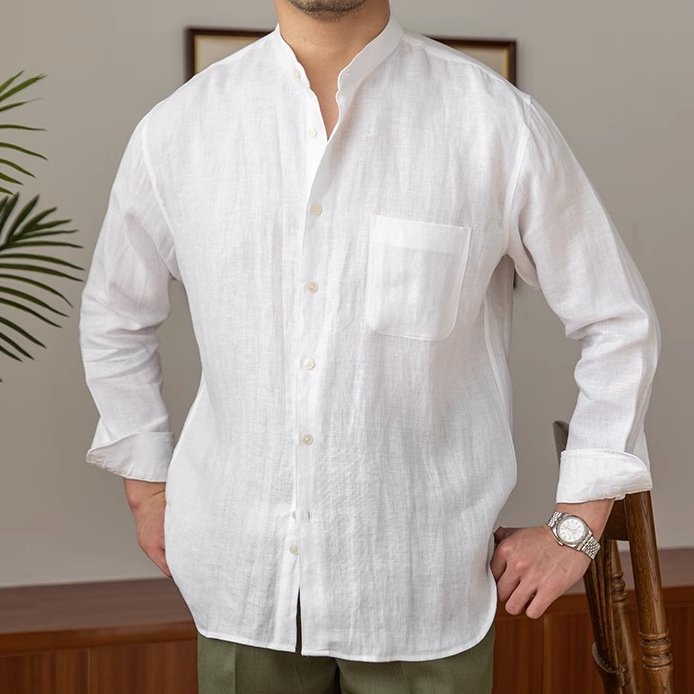 Áo sơ mi dài tay có cổ bằng vải lanh thoáng khí mùa hè, Áo sơ mi nhẹ đơn giản thông thường dành cho nam
