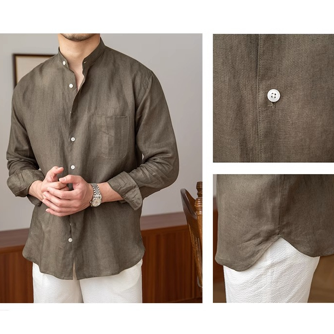 Áo sơ mi dài tay có cổ bằng vải lanh thoáng khí mùa hè, Áo sơ mi nhẹ đơn giản thông thường dành cho nam