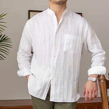 Áo sơ mi dài tay có cổ bằng vải lanh thoáng khí mùa hè, Áo sơ mi nhẹ đơn giản thông thường dành cho nam