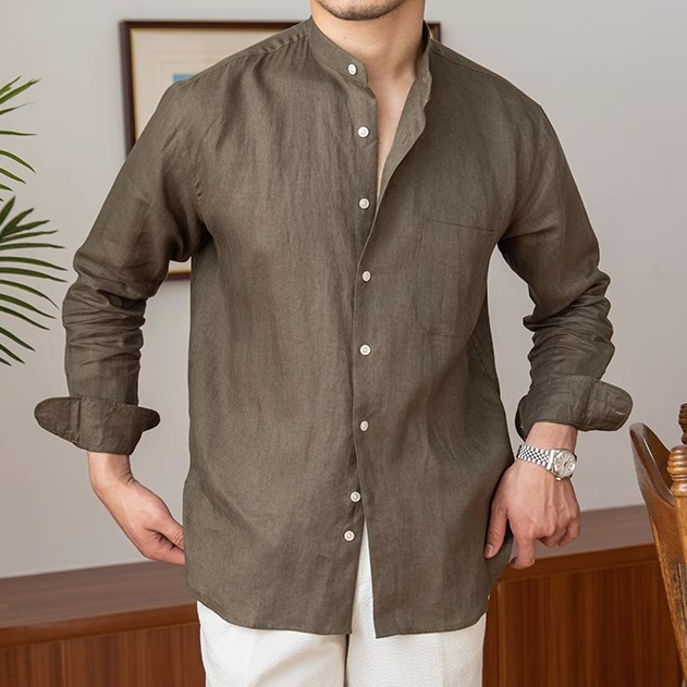 Áo sơ mi dài tay có cổ bằng vải lanh thoáng khí mùa hè, Áo sơ mi nhẹ đơn giản thông thường dành cho nam