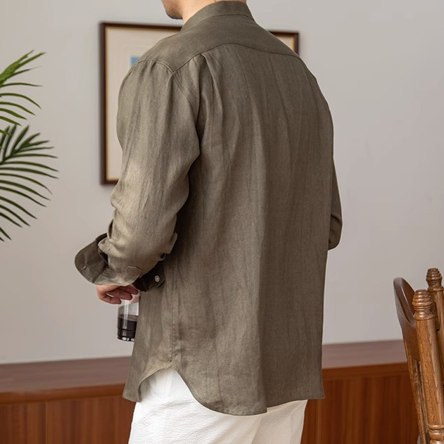 Áo sơ mi dài tay có cổ bằng vải lanh thoáng khí mùa hè, Áo sơ mi nhẹ đơn giản thông thường dành cho nam