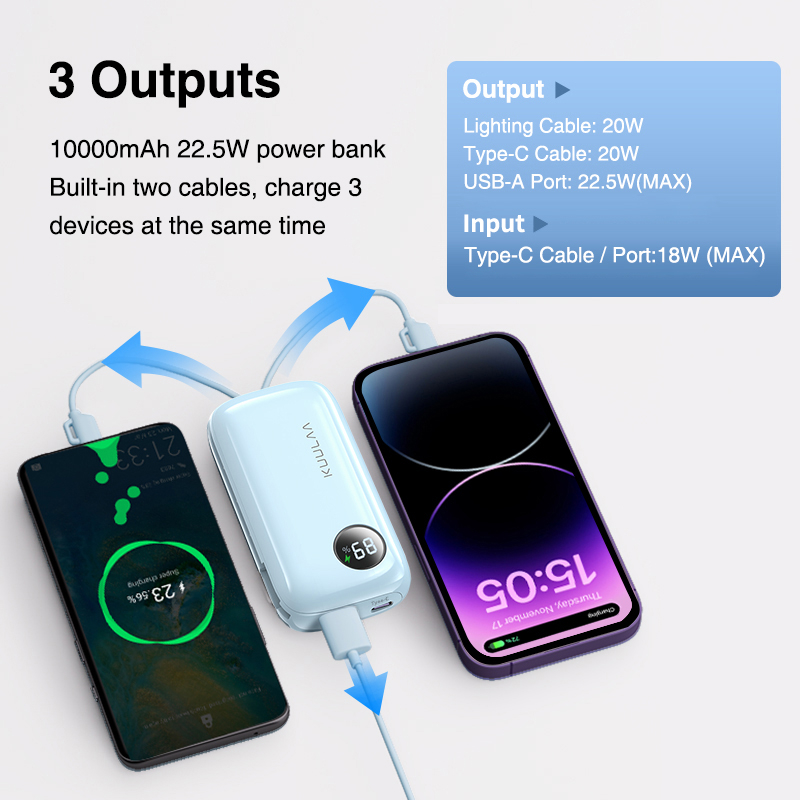 Pin Sạc Dự Phòng KUULAA 10000mAh PD Có Dây Cáp Sạc Nhanh Cho iPhone Android