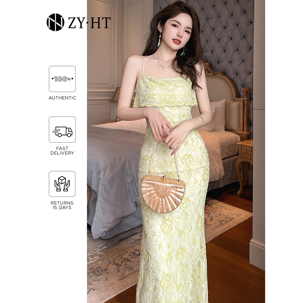 ZYHT Đầm Nhỏ tươi Một kỳ nghỉ bên bờ biển in hoa Đầm địu Sexy Khoe eo thon Váy ren dài 30131