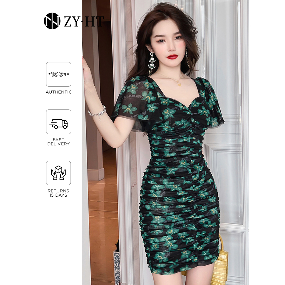 ZYHT  Đầm Hoa Dáng Ôm Màu Xanh Lá Phong Cách Hàn Quốc Thời Trang Đi Biển 10147