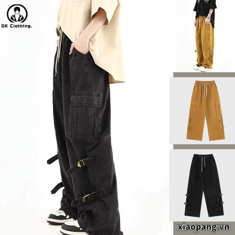 Quần jeans dài ống rộng thời trang dành cho cả nam và nữ quần jogger thiết kế dây buộc kaki ống suông quần cargo pants ngầu cargo pants
