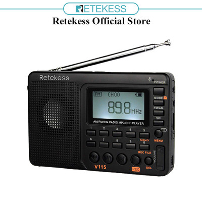 Radio RETEKESS V115 Fm sóng ngắn nghe nhạc Mp3 ghi âm kỹ thuật số hỗ trợ thẻ Micro Sd Tf với chức năng hẹn giờ ngủ