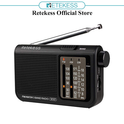 Radio cầm tay RETEKESS V117 FM AM SW tích hợp nút điều chỉnh màu đen cho người lớn tuổi