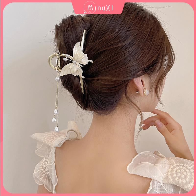 Kẹp Tóc Kim Loại Hình Bướm Đính Ngọc Trai Thời Trang
