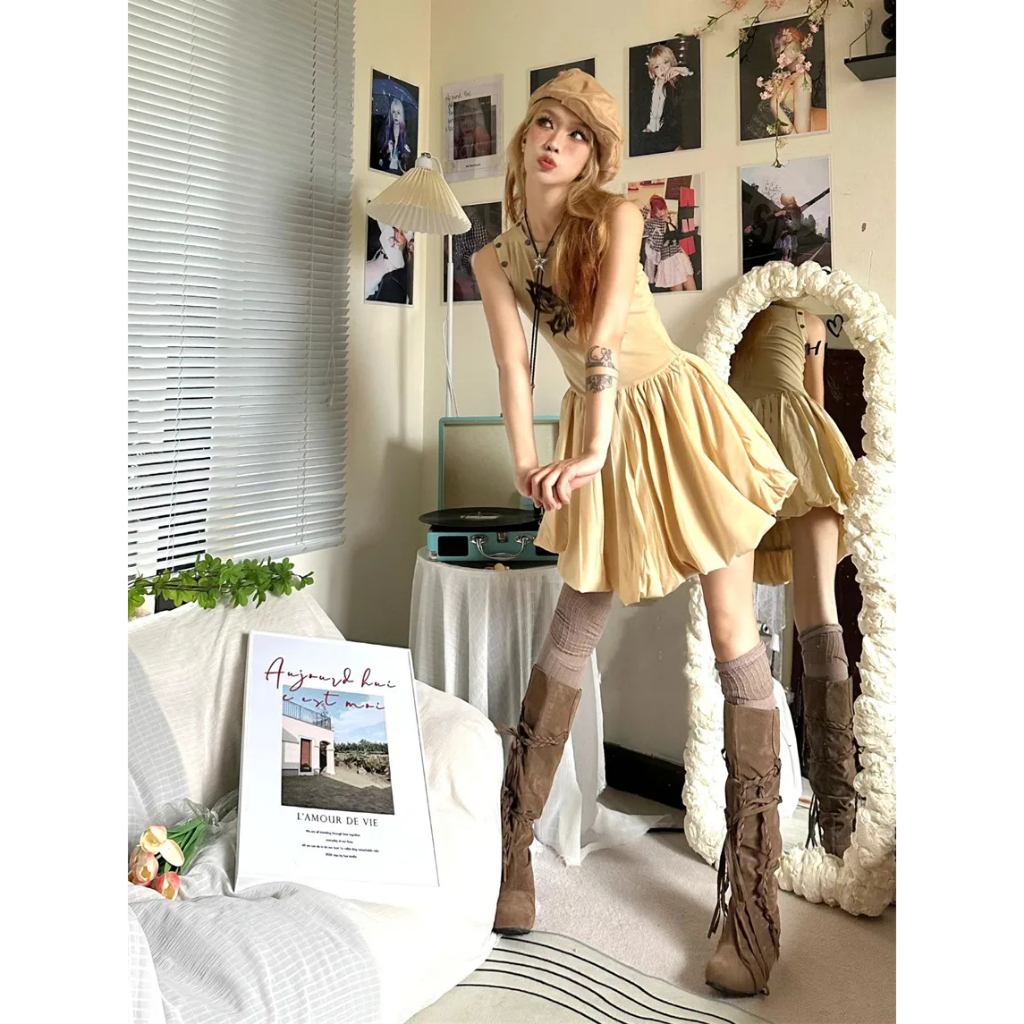 Đầm Ngắn Lưng Cao In Họa Tiết Hoa Thời Trang Mùa Hè Phong Cách Mỹ Cổ Điển Mới Cho Nữ