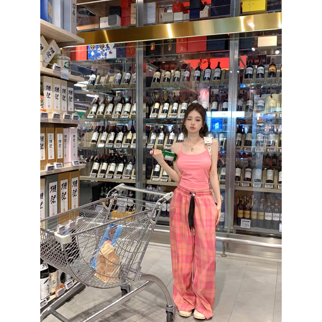 【COLORBLLIND】Set Áo Hai Dây Màu Hồng + Quần Ngắn Kẻ Caro