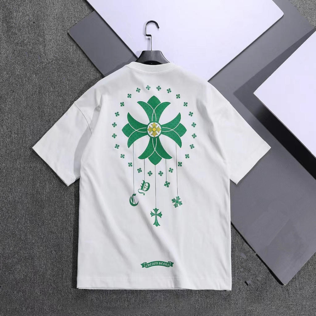 Áo Thun cotton Tay Ngắn Cổ Tròn Dáng Rộng In Chữ Chrome Hearts Màu Xanh Lá Thời Trang Thường Ngày Mới Cho Nam Và Nữ